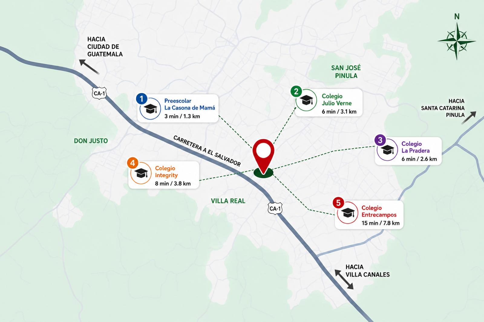 Mapa de ubicación: el proyecto sobre Carretera a El Salvador, entre Don Justo y San José Pinula, con cinco colegios cercanos y sus tiempos de recorrido.